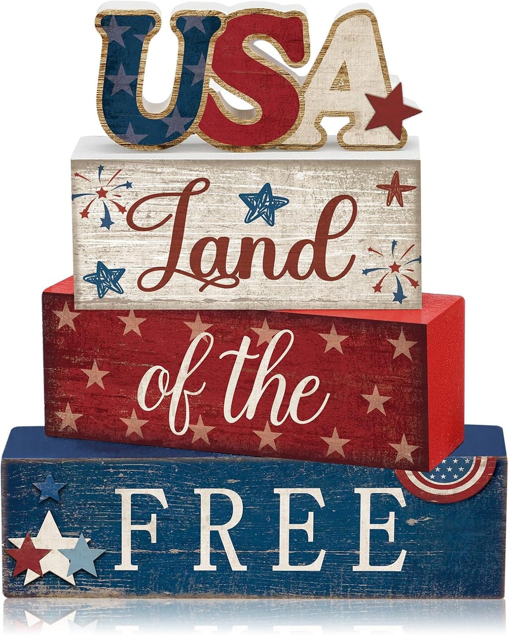 4 Pcs Memorial Day Decorations Patriotic 4th of July Tabletop Decor Red White Blue Table Centerpieces Wood Block God Bless Sign for Tiered Tray Home Shelf Mantel(Independence Day USA)